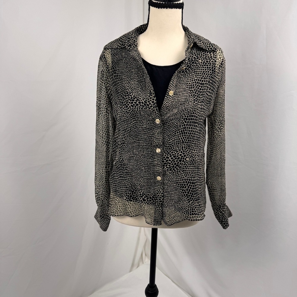 New York City Design Co 100% Silk Blouse Women S Black Tan Sheer 2pc Cami Set